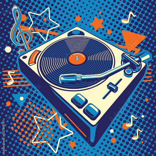 Music design - funky colorful vinyl records turntable and musical notes