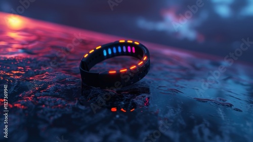 Futuristic smart bracelet with glowing leds rests on a wet surface, reflecting the vibrant colors of the sunset, creating a scene of advanced technology meeting natural beauty photo