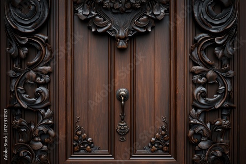A wooden door with a gold handle and a keyhole