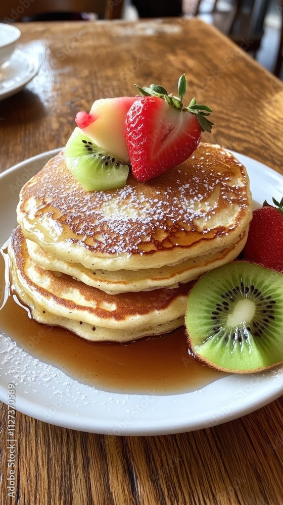 A delicious stack of pancakes topped with fruit and syrup, perfect for breakfast or brunch. A delicious stack of pancakes topped with fruit and syrup, perfect for breakfast or brunch.