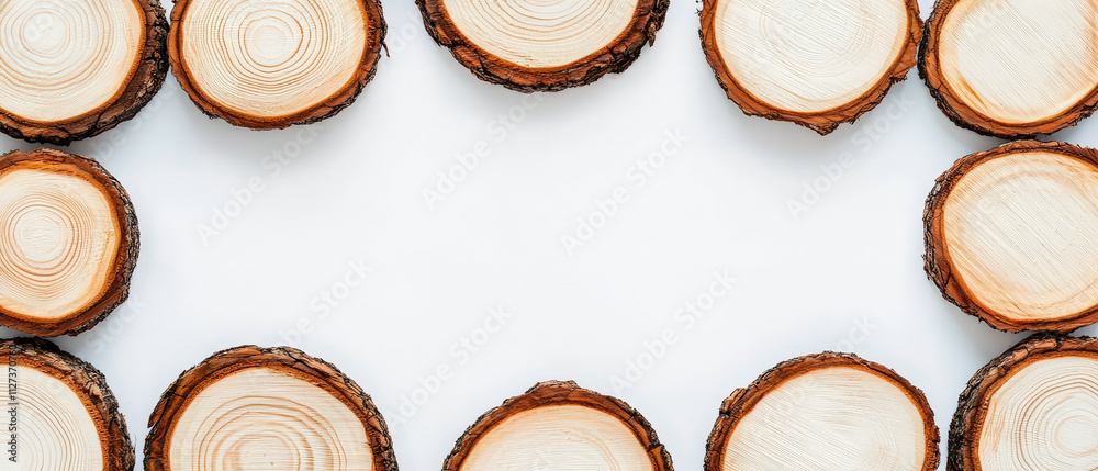 Natural wood slices arranged in circular pattern on white background, showcasing unique textures and colors of wood. Perfect for rustic decor or craft projects Natural wood slices arranged in circular pattern on white background, showcasing unique textures and colors of wood. Perfect for rustic decor or craft projects