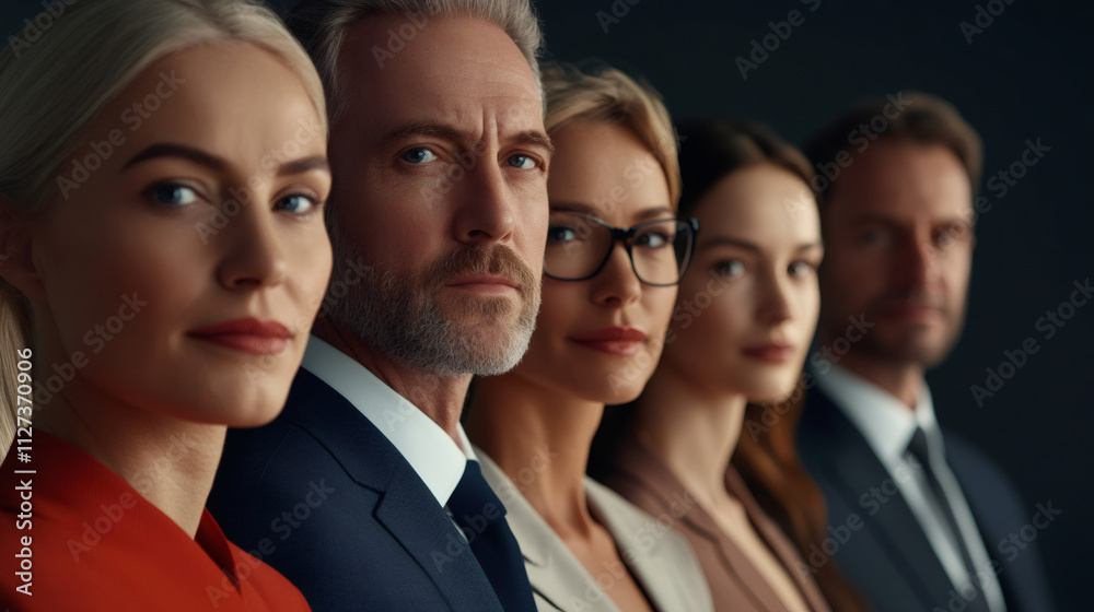Close-up of a diverse team of professionals standing side by side, showcasing unity and resilience Close-up of a diverse team of professionals standing side by side, showcasing unity and resilience