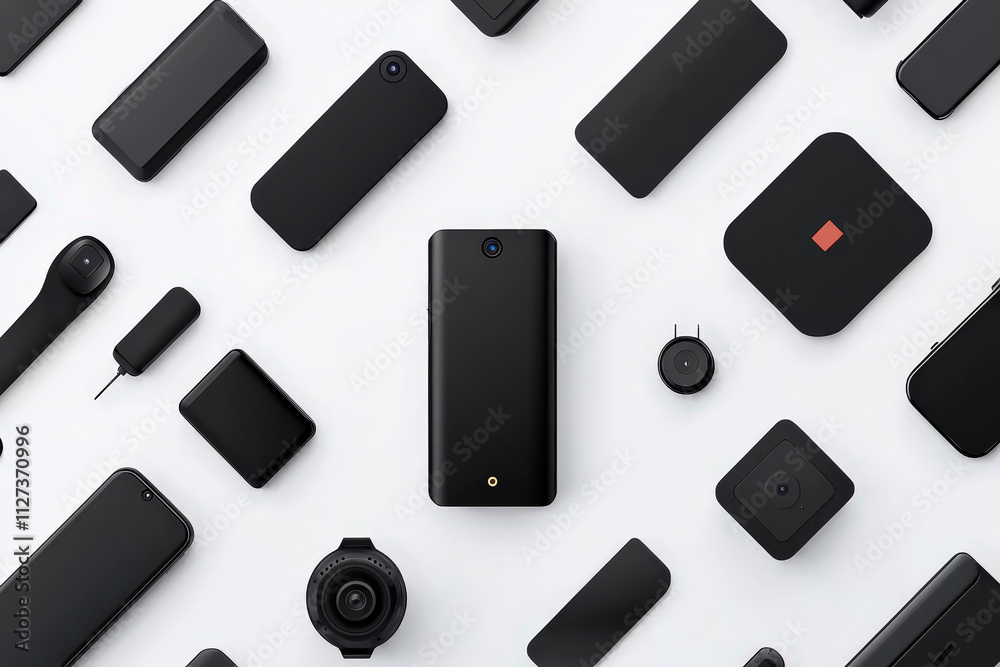 Black smartphone surrounded by various black tech gadgets and accessories, creating modern and sleek flat lay composition. arrangement showcases minimalist aesthetic Black smartphone surrounded by various black tech gadgets and accessories, creating modern and sleek flat lay composition. arrangement showcases minimalist aesthetic