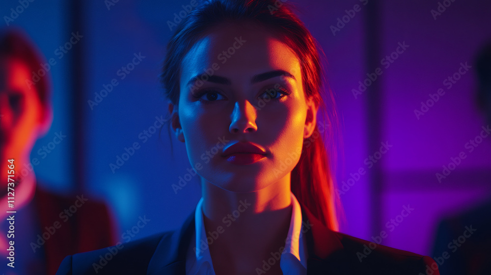 Confident female professional posing in a modern and stylish office environment under dramatic lighting Confident female professional posing in a modern and stylish office environment under dramatic lighting
