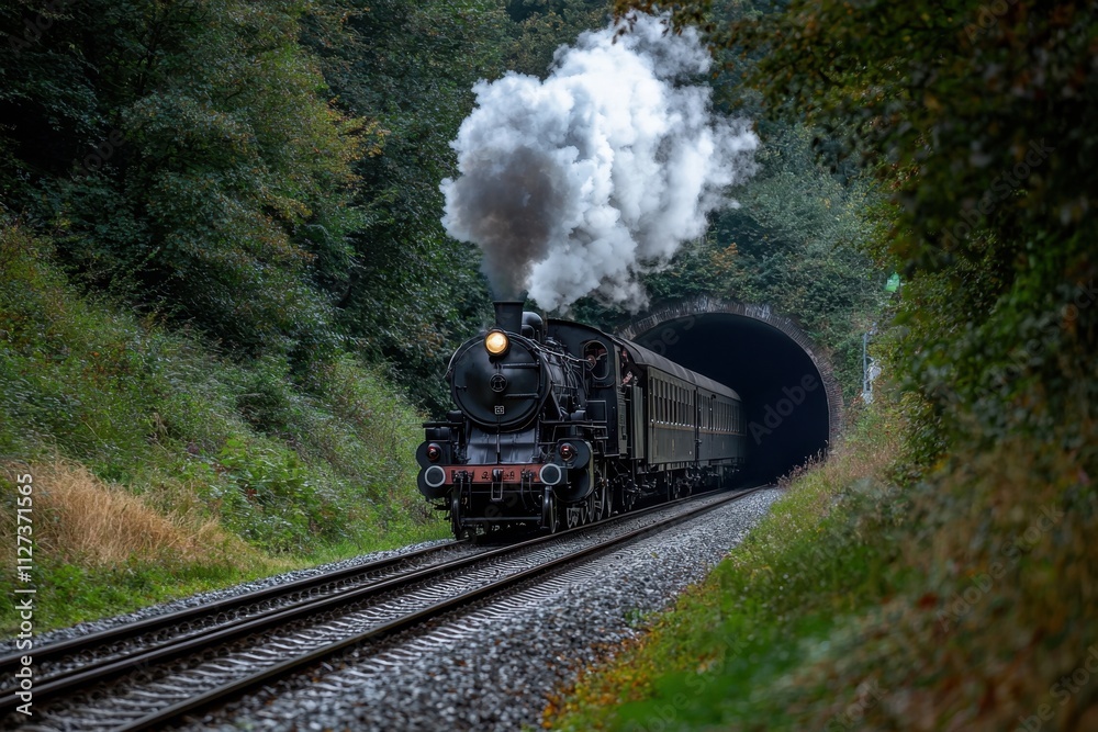 Obraz premium A steam train is traveling through a tunnel