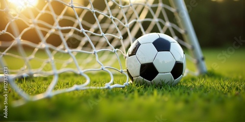 Soccer ball in net on grassy field during sunset