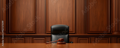 Empty courtroom awaiting justice with a prominent gavel placed on a polished wooden table, symbolizing the gravity of legal proceedings and the pursuit of truth in a serious and somber atmosphere photo