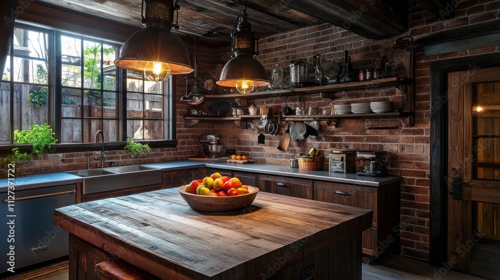 Rustic kitchen with exposed brick, wooden island, and vintage pendant lights. Rustic kitchen with exposed brick, wooden island, and vintage pendant lights.