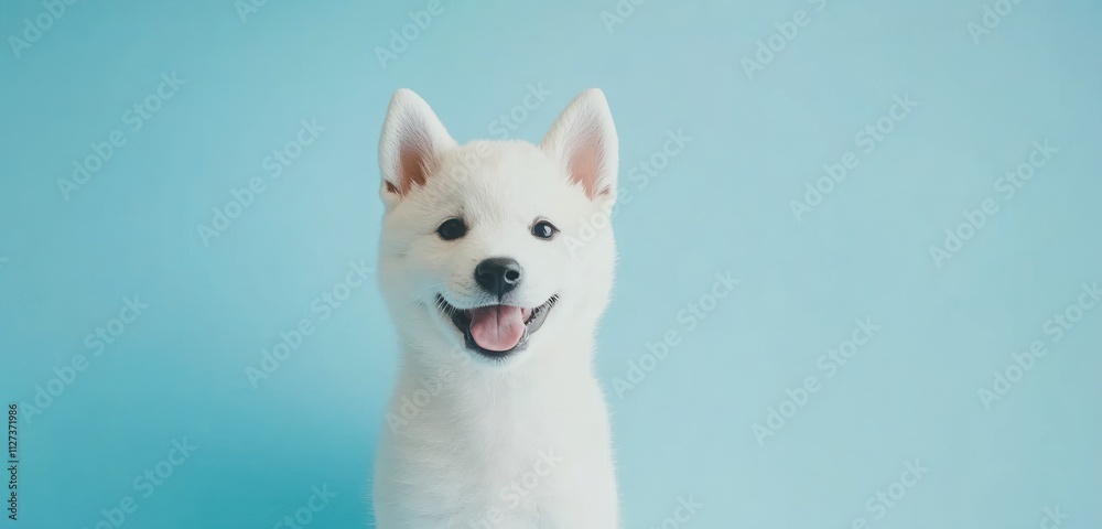 A cheerful white puppy with a bright blue background, exuding cuteness and joy. A cheerful white puppy with a bright blue background, exuding cuteness and joy.