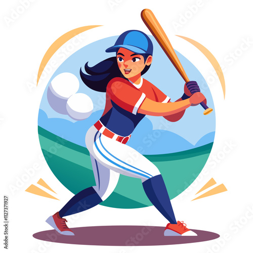 Woman baseball player prepares to bat during a sunny day outdoors in a vibrant field setting
