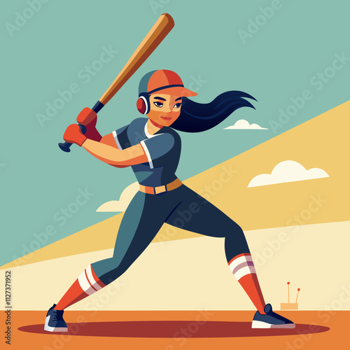 Woman baseball player prepares to bat during a game on a sunny day with clear skies and bright colors