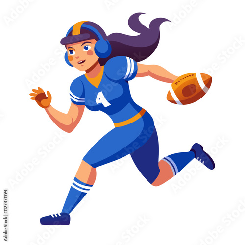 Woman in blue uniform skillfully runs while playing American football during an outdoor game