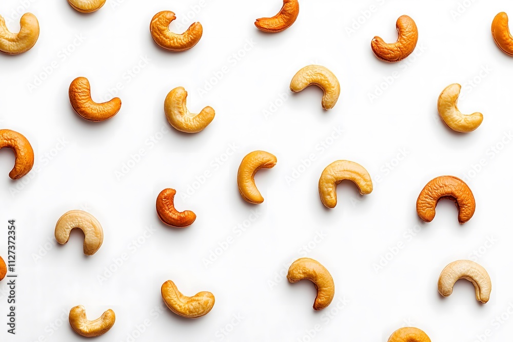 A captivating image of cashew nuts arranged on a white background, celebrating their unique shape and features. A captivating image of cashew nuts arranged on a white background, celebrating their unique shape and features.