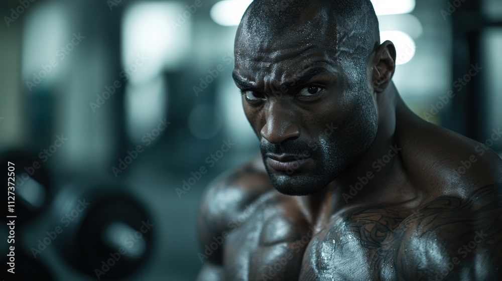 A man with a muscular build is standing in a gym with sweat on his face A man with a muscular build is standing in a gym with sweat on his face