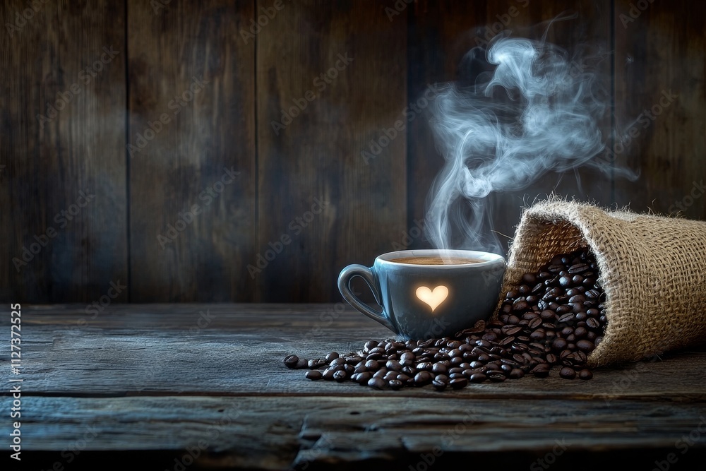 Savoring warmth and comfort in a rustic coffee moment with heart-shaped steam rising above a rich brew Savoring warmth and comfort in a rustic coffee moment with heart-shaped steam rising above a rich brew