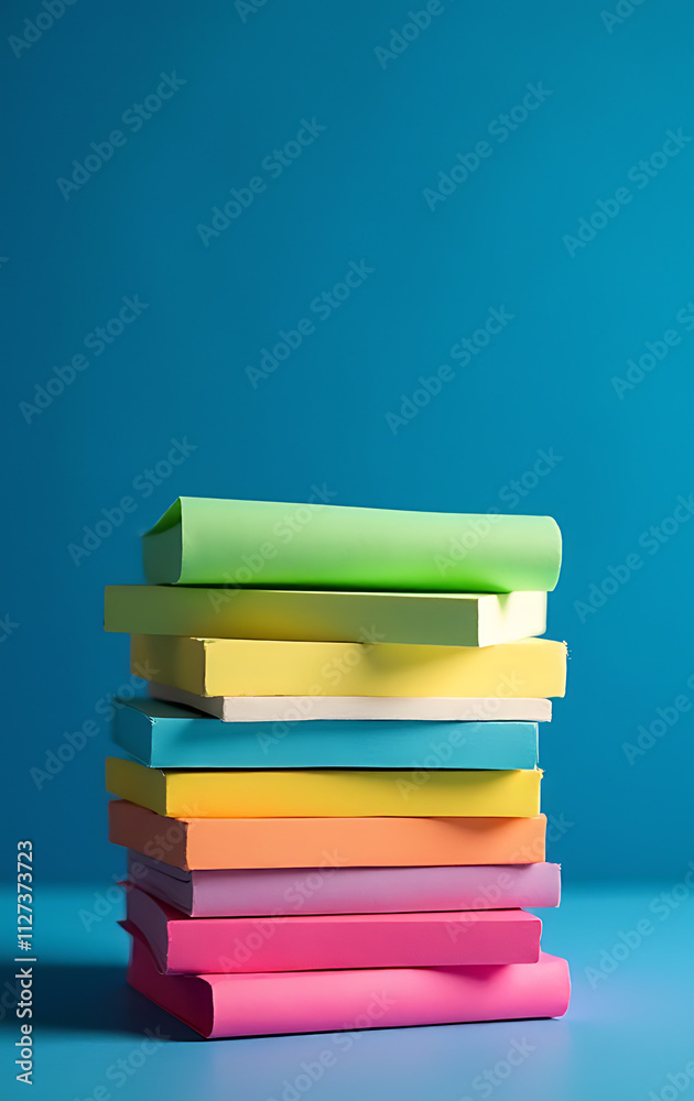 Fototapeta premium Note paper with vibrant colors is neatly stacked against a deep blue backdrop creating a visually appealing scene._00003_