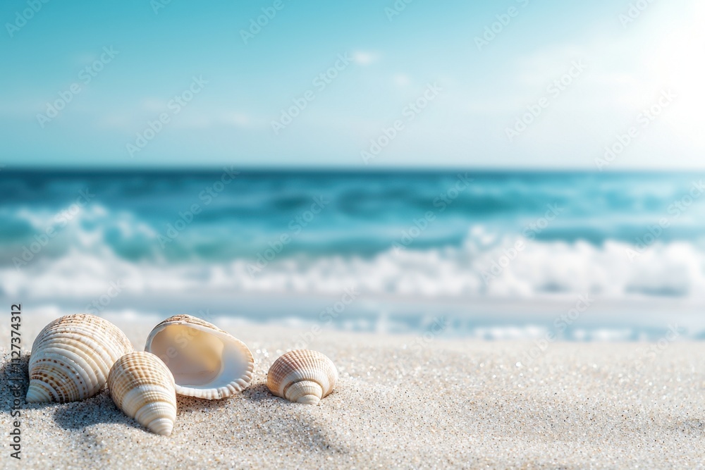 A beach scene with shells on the sand A beach scene with shells on the sand