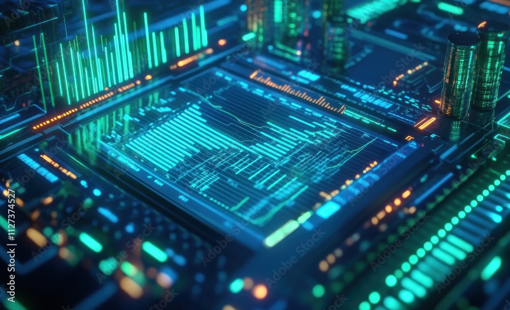 A vibrant digital circuit board displaying data visualizations and graphs. A vibrant digital circuit board displaying data visualizations and graphs.