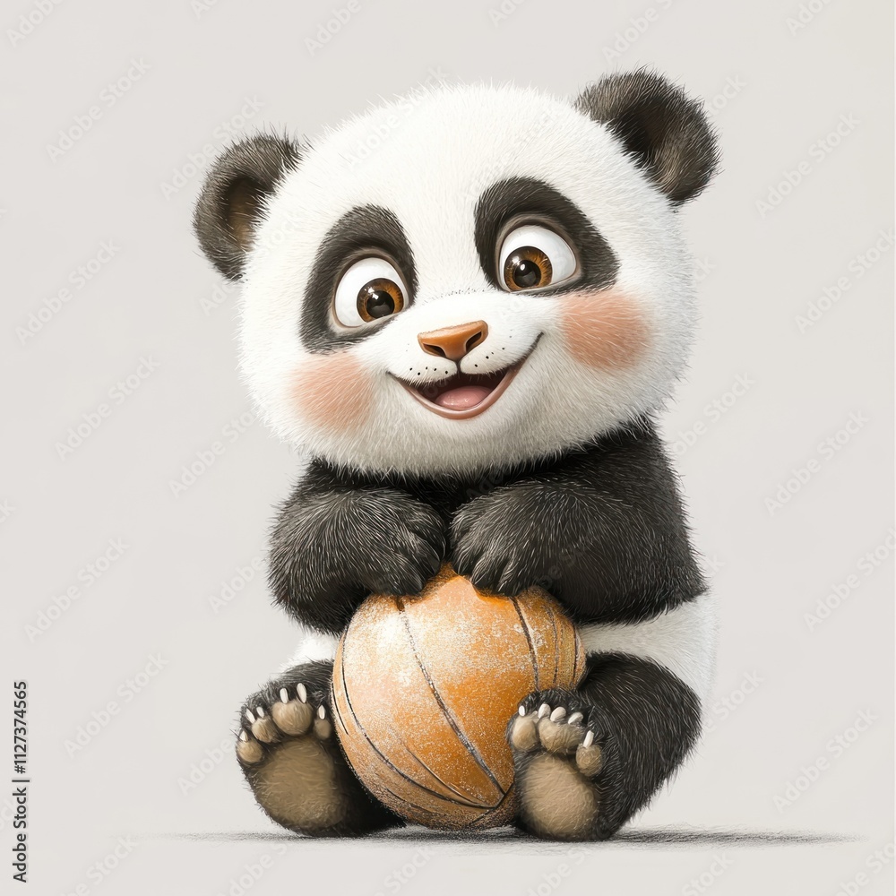A cute panda character happily holding a basketball, conveying a playful and joyful vibe. A cute panda character happily holding a basketball, conveying a playful and joyful vibe.