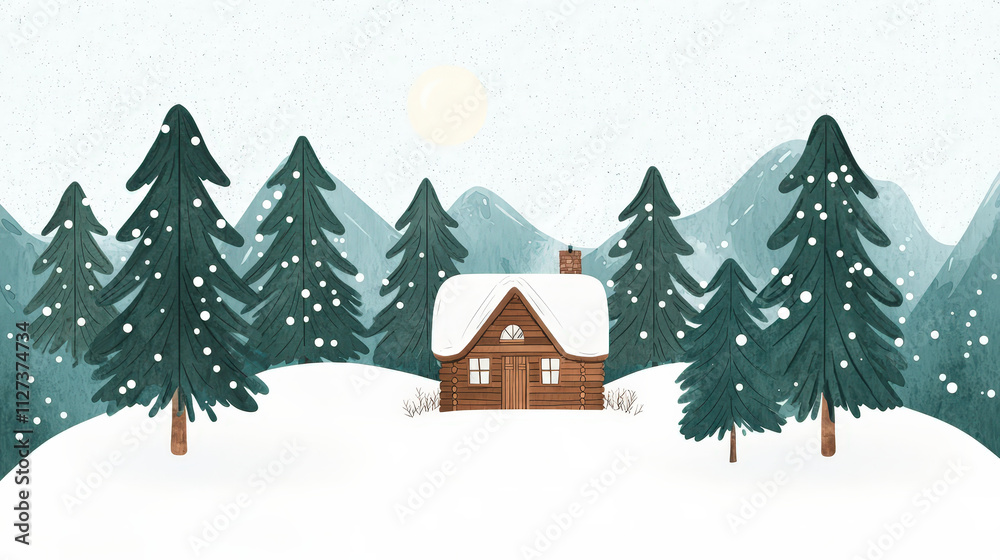 cozy cabin surrounded by tall evergreen trees in snowy landscape, with gentle mountains in background and soft sun shining above, creating serene winter atmosphere cozy cabin surrounded by tall evergreen trees in snowy landscape, with gentle mountains in background and soft sun shining above, creating serene winter atmosphere