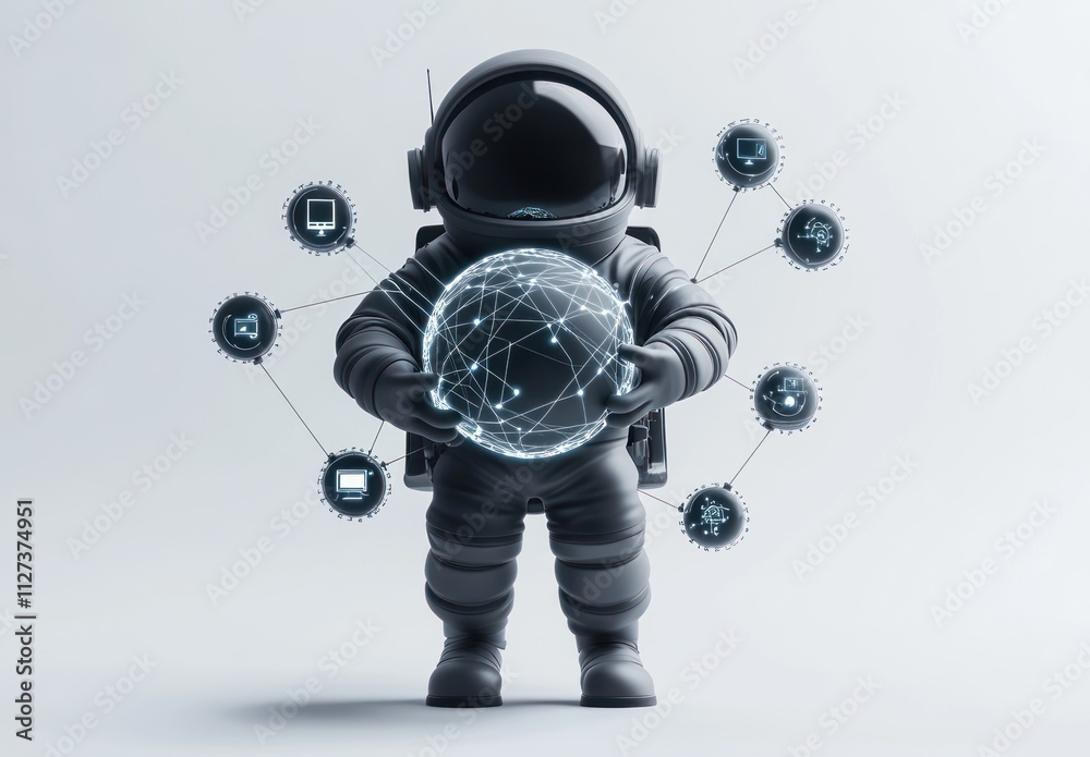 Astronaut holding a digital globe, surrounded by technology icons. Astronaut holding a digital globe, surrounded by technology icons.