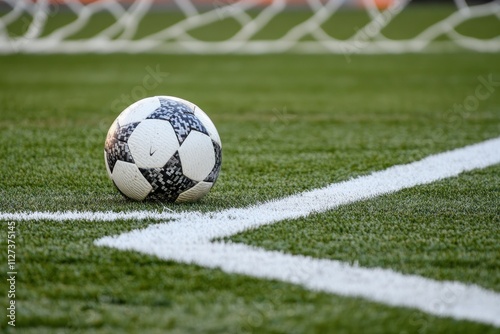 A close-up of a soccer ball positioned near a corner flag on a grassy field.