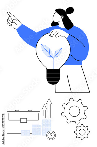 Man holding a light bulb with a plant inside while pointing upwards alongside a briefcase, growth graph, coins, and gears. Ideal for innovation, growth, sustainability, business, development