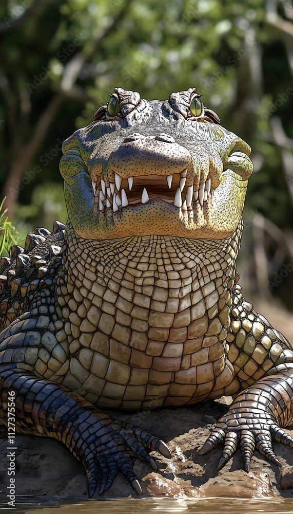 Fototapeta premium Close-up of an alligator's head and upper body, showing its teeth and textured skin.