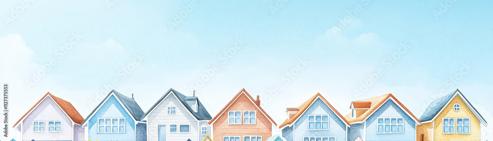 Colorful seaside houses lined up under clear blue sky, creating cheerful and inviting atmosphere. This captures essence of coastal living beautifully Colorful seaside houses lined up under clear blue sky, creating cheerful and inviting atmosphere. This captures essence of coastal living beautifully