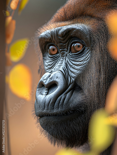 Close-up portrait of a gorilla's face, partially obscured by autumn leaves. photo