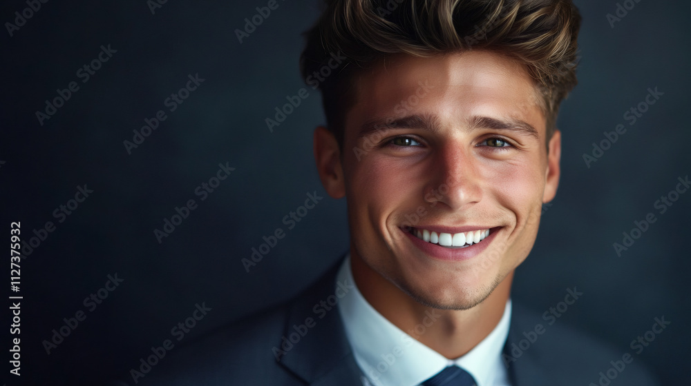Smiling young manager in a suit and tie poses for a portrait against a dark background, showing off his perfect teeth Smiling young manager in a suit and tie poses for a portrait against a dark background, showing off his perfect teeth