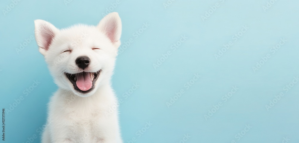 A happy white puppy smiling against a light blue background. A happy white puppy smiling against a light blue background.