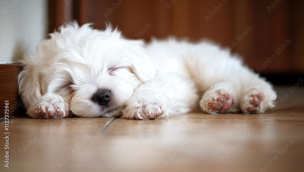 A fluffy white puppy sleeping peacefully on a tiled floor. A fluffy white puppy sleeping peacefully on a tiled floor.