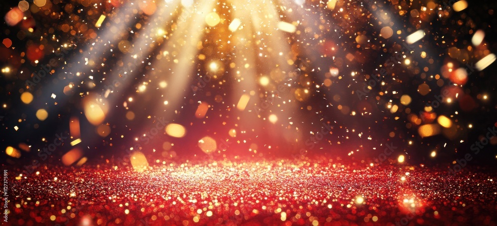 Fototapeta premium Red and gold glittering lights with a bokeh background and rays of light, golden confetti on a red abstract blurred stage backdrop Generative AI