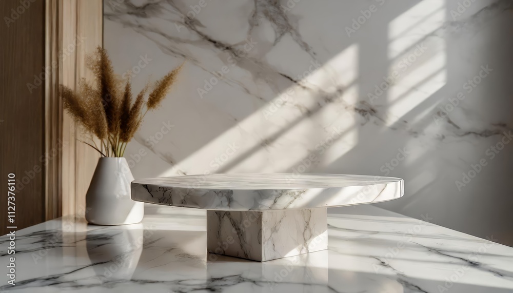 Elegant Luxury White Marble Table Showcasing Natural Light Shadows on a Crisp White Wall Perfect for Product Placement and Interior Design Inspiration Elegant Luxury White Marble Table Showcasing Natural Light Shadows on a Crisp White Wall Perfect for Product Placement and Interior Design Inspiration