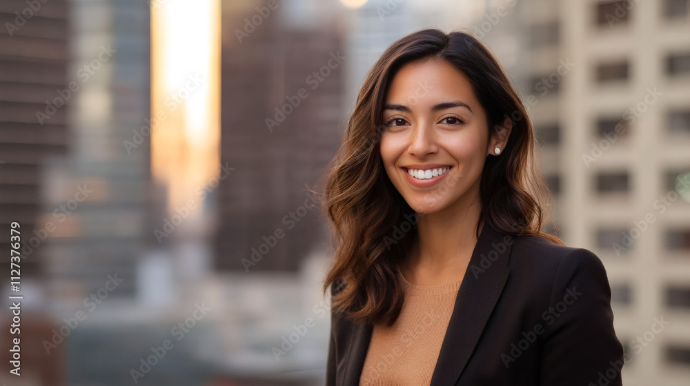Confident businesswoman beaming in front of urban skyscrapers at sunset in a portrait Confident businesswoman beaming in front of urban skyscrapers at sunset in a portrait