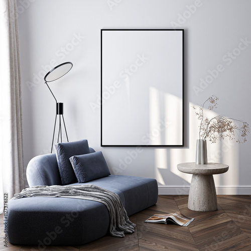 Frame mockup, ISO A paper size. Living room wall poster mockup. Interior mockup with house background. Modern interior design. 3D render