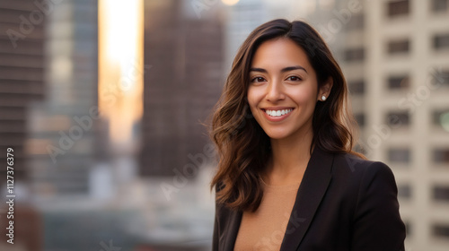 Confident businesswoman beaming in front of urban skyscrapers at sunset in a portrait