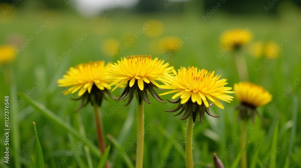 A close-up view of dandelions growing in a healthy lawn, highlighting their unique structure and bright color A close-up view of dandelions growing in a healthy lawn, highlighting their unique structure and bright color