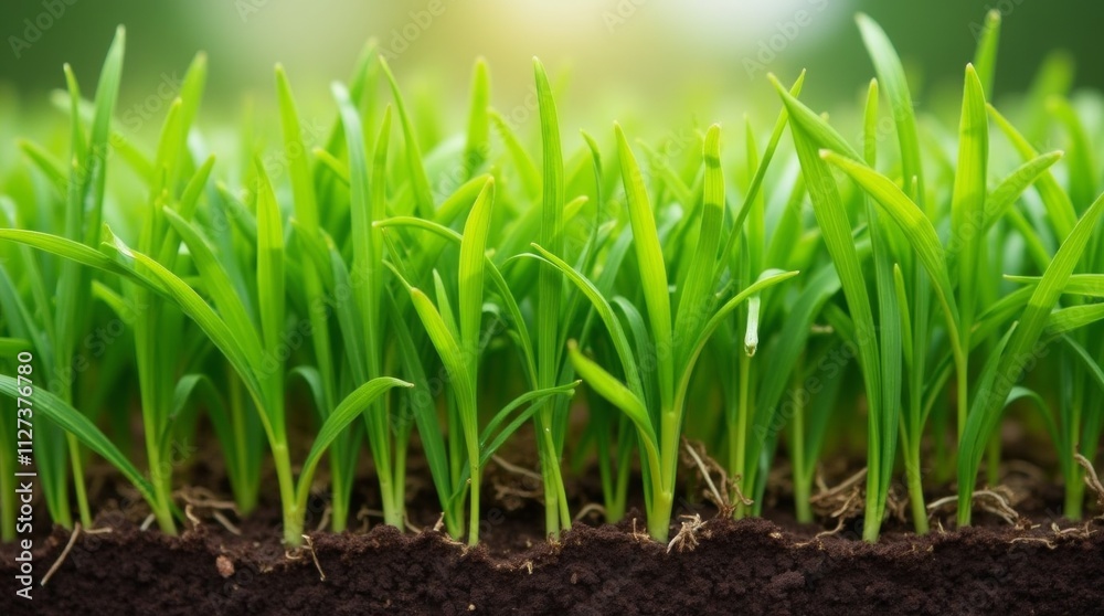 Obraz premium A close-up view of healthy grass blades, showcasing their rich green color and strong roots