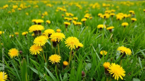 lawn dotted with bright yellow dandelions, showcasing the contrast between the lush green grass and the cheerful flowers