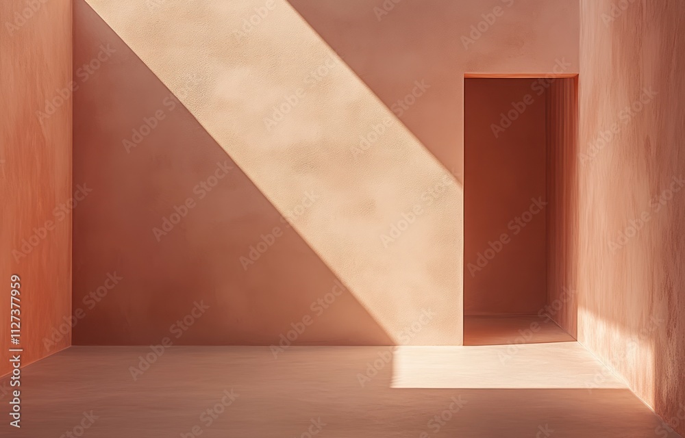 A minimalistic interior space with soft light casting shadows on textured walls. A minimalistic interior space with soft light casting shadows on textured walls.