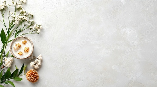 Creamy Dessert with Edible Flowers and Decorative Elements on Table