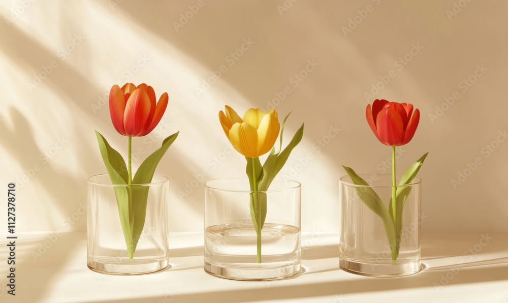 A serene display of three tulips in glass vases, showcasing vibrant colors and natural beauty. A serene display of three tulips in glass vases, showcasing vibrant colors and natural beauty.