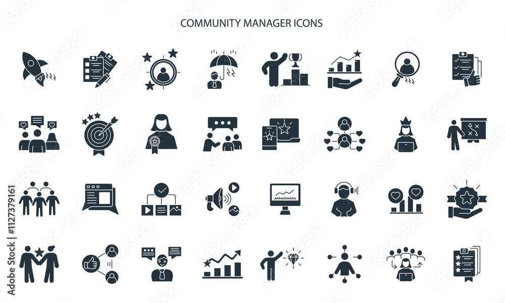 Community Manager activities icons set . Community Manager activities pack symbol vector elements for infographic web Community Manager activities icons set . Community Manager activities pack symbol vector elements for infographic web
