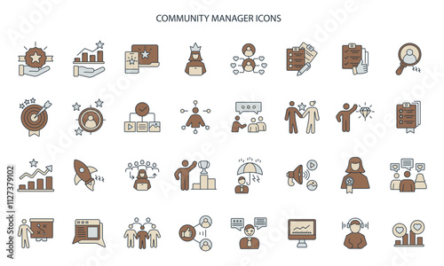Community Manager activities icons set . Community Manager activities pack symbol vector elements for infographic web