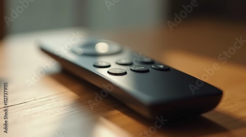 Close-up of a sleek, modern remote control with sharp button details, illuminated by soft natural light, showcasing its minimalist and functional design. photo