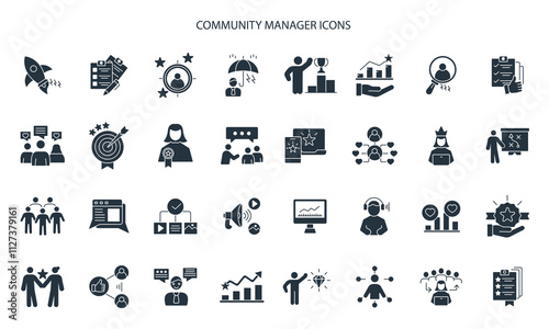 Community Manager activities icons set . Community Manager activities pack symbol vector elements for infographic web