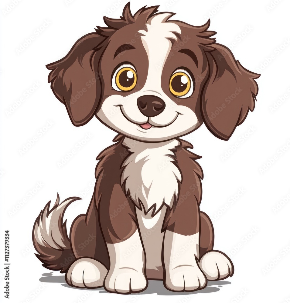 A cute cartoon dog with brown and white fur, smiling and sitting. A cute cartoon dog with brown and white fur, smiling and sitting.