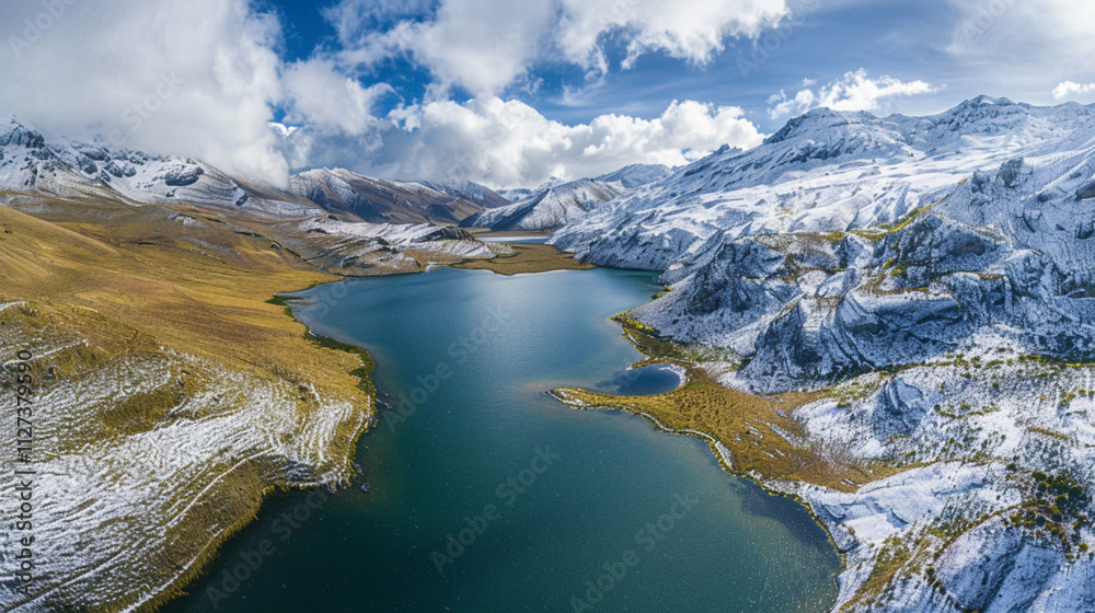An Ariel view of snow covered mountains and a lake in winter An Ariel view of snow covered mountains and a lake in winter
